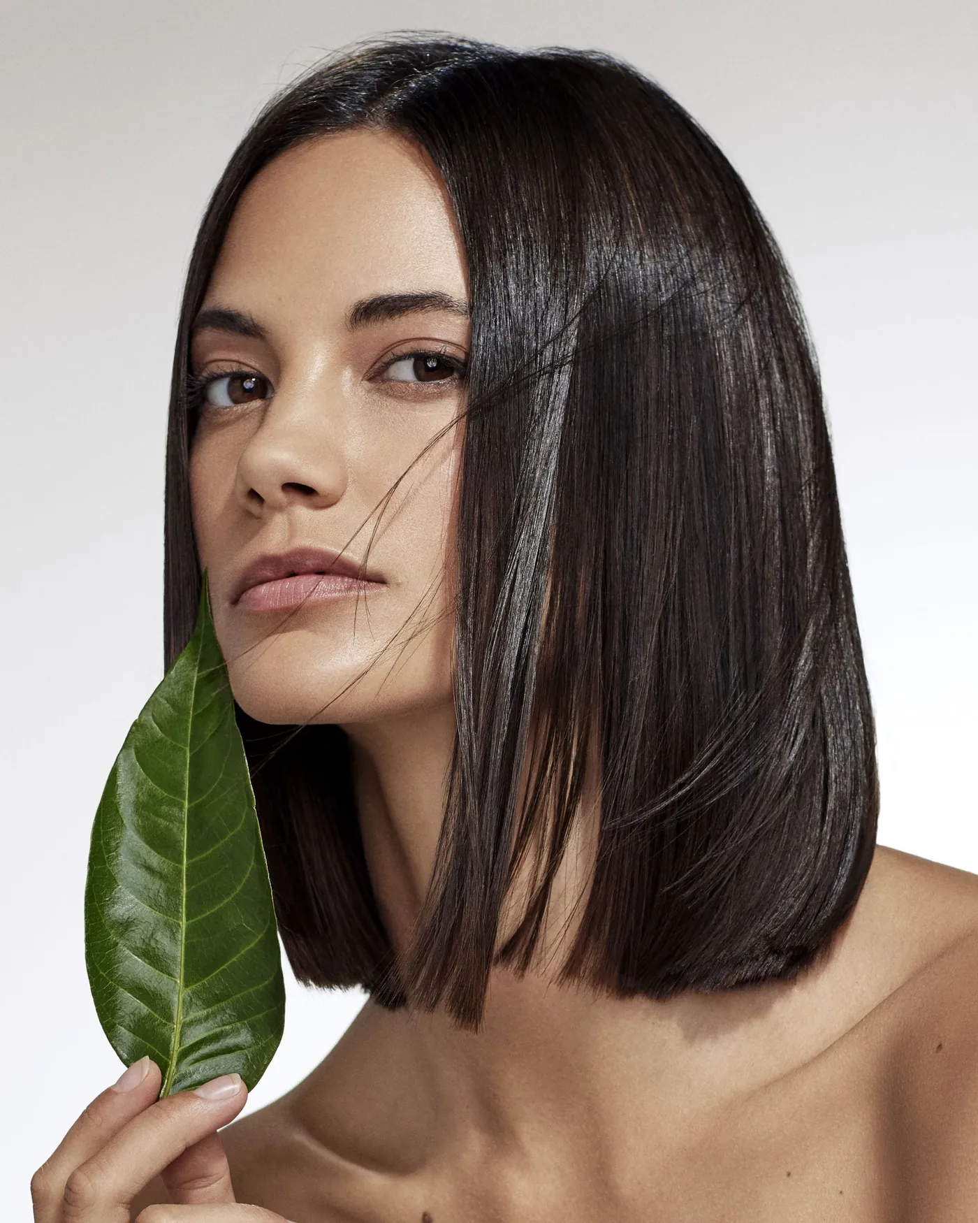 Glossy dark hair framed by a green leaf, Aveda Botanical Repair